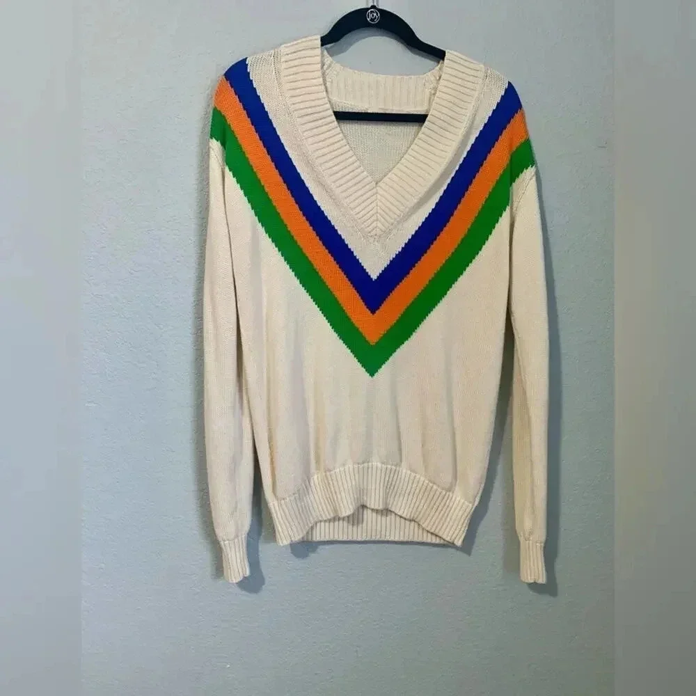 Tory Burch Colorful Striped Merino Wool V Neck Colorful Sweater- XXS